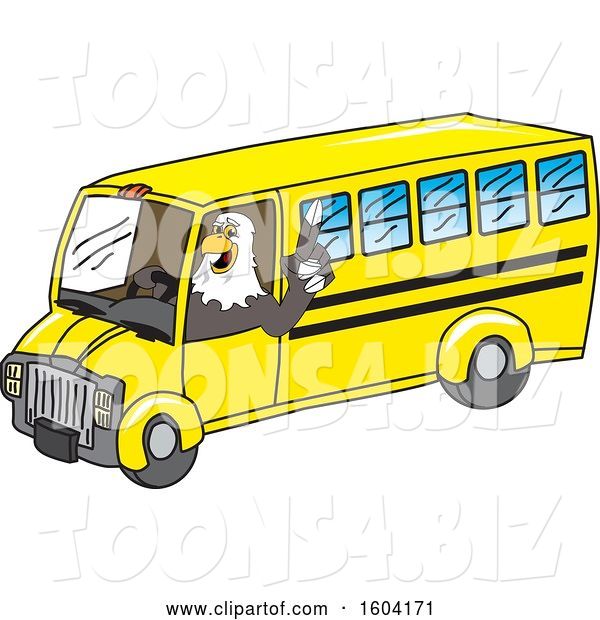 Vector Illustration of a Cartoon Bald Eagle Mascot Driving a School Bus