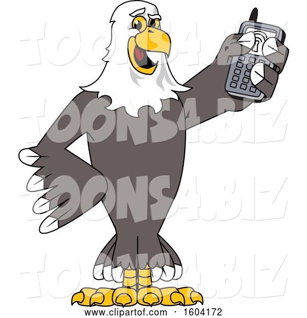 Vector Illustration of a Cartoon Bald Eagle Mascot Holding a Cell Phone