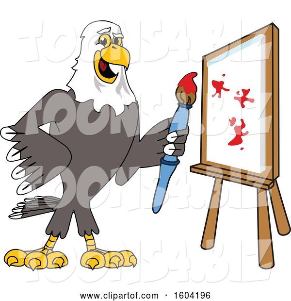 Vector Illustration of a Cartoon Bald Eagle Mascot Painting a Canvas