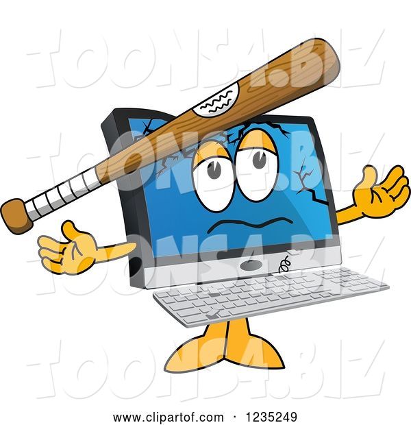 Vector Illustration of a Cartoon Baseball Bat Bashing a PC Computer Mascot