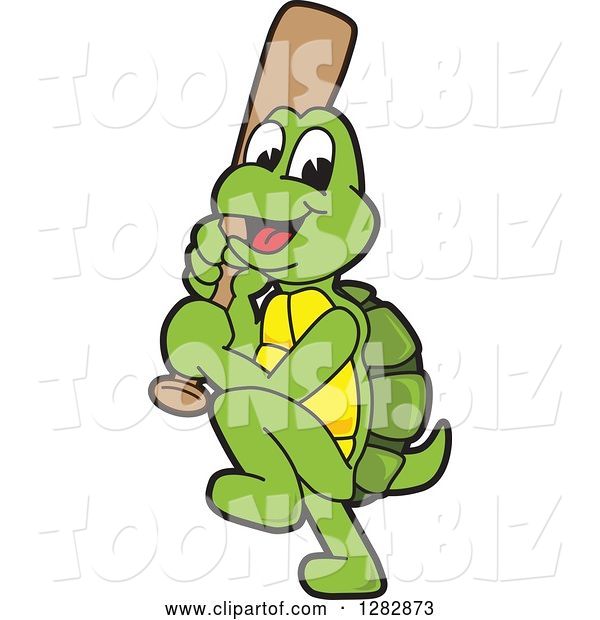 Vector Illustration of a Cartoon Baseball Player Turtle Mascot Batting