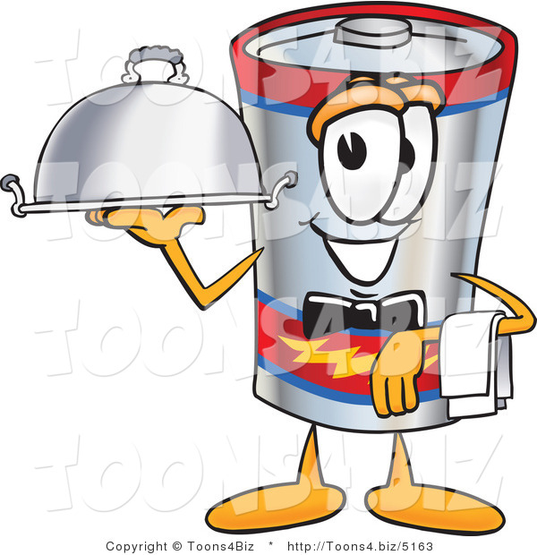 Vector Illustration of a Cartoon Battery Mascot Dressed As a Waiter and Holding a Serving Platter