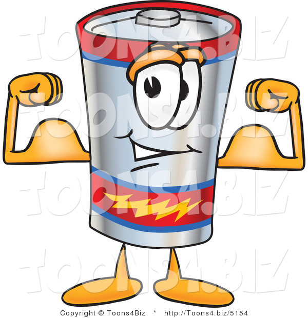 Vector Illustration of a Cartoon Battery Mascot Flexing His Arm Muscles
