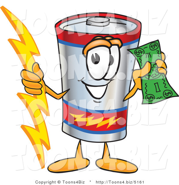 Vector Illustration of a Cartoon Battery Mascot Holding a Bolt of Energy and a Green Dollar Bill