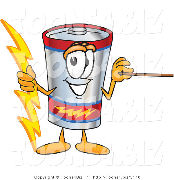 Vector Illustration of a Cartoon Battery Mascot Holding a Bolt of Energy and a Pointer Stick