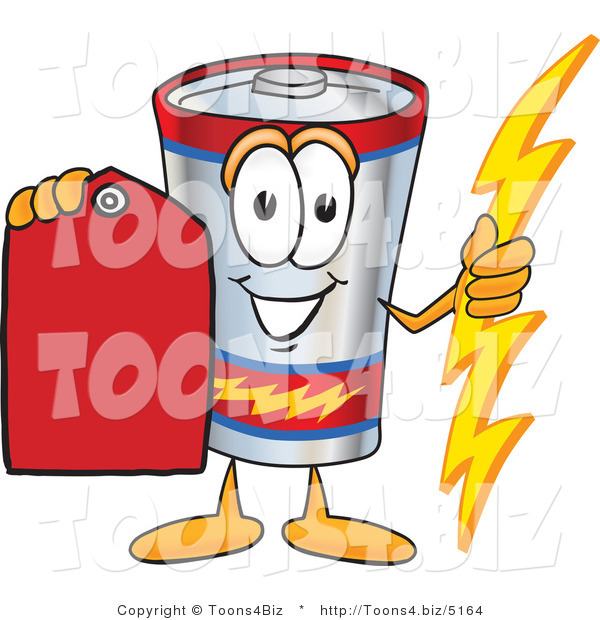 Vector Illustration of a Cartoon Battery Mascot Holding a Bolt of Energy and a Red Sales Price Tag