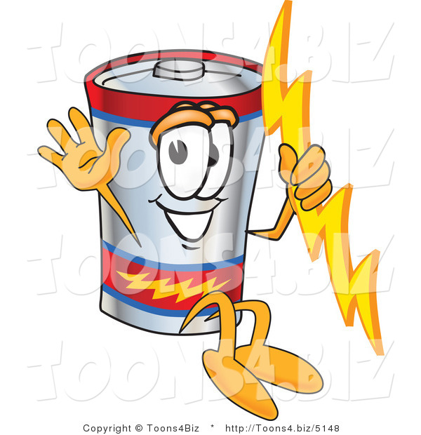 Vector Illustration of a Cartoon Battery Mascot Holding a Bolt of Energy and Jumping