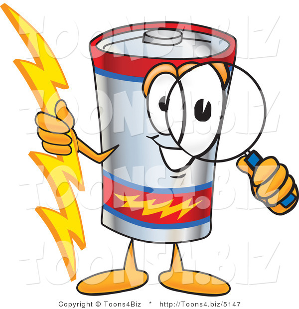 Vector Illustration of a Cartoon Battery Mascot Holding a Bolt of Energy and Looking Through a Magnifying Glass