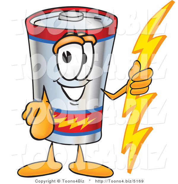 Vector Illustration of a Cartoon Battery Mascot Holding a Bolt of Energy and Pointing at the Viewer
