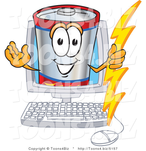 Vector Illustration of a Cartoon Battery Mascot Holding a Bolt of Energy and Waving in a Computer Screen