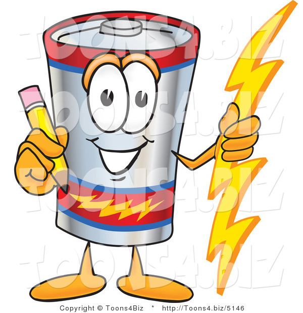 Vector Illustration of a Cartoon Battery Mascot Holding a Pencil