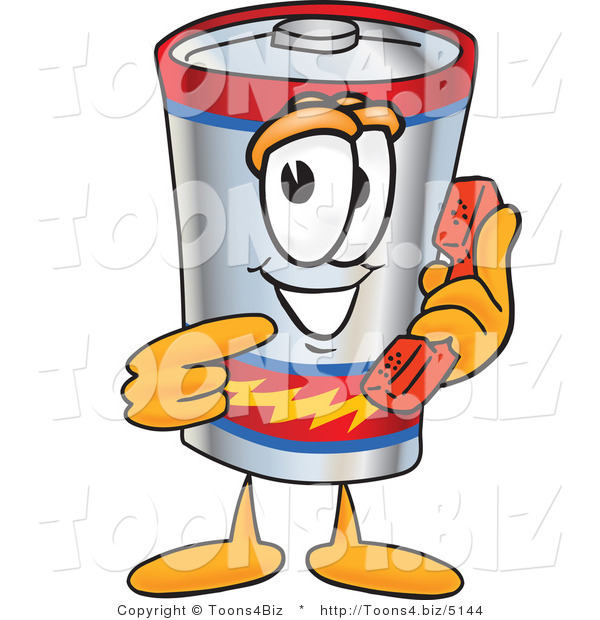 Vector Illustration of a Cartoon Battery Mascot Holding a Telephone