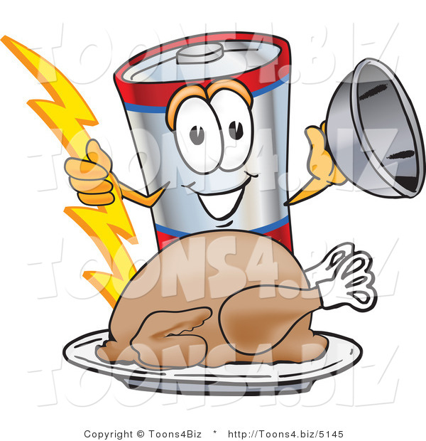Vector Illustration of a Cartoon Battery Mascot Serving a Thanksgiving Turkey on a Platter