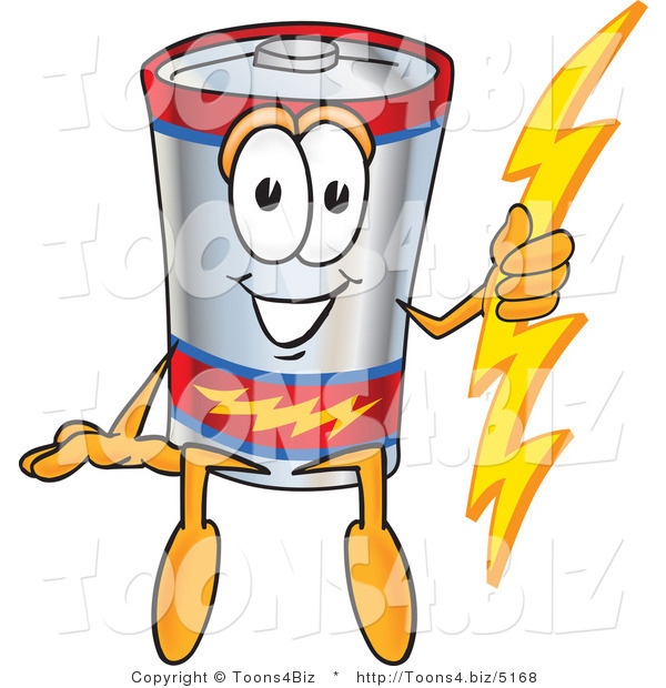 Vector Illustration of a Cartoon Battery Mascot Sitting and Holding a Bolt of Energy