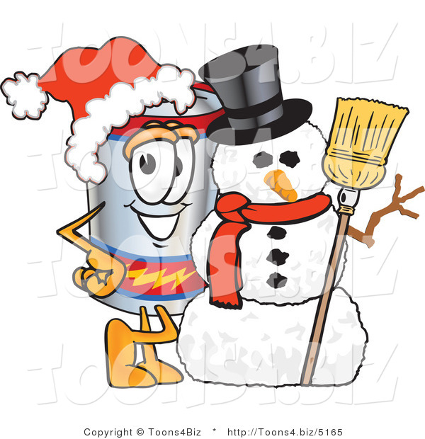 Vector Illustration of a Cartoon Battery Mascot Wearing a Santa Hat and Posing with a Snowman on Christmas