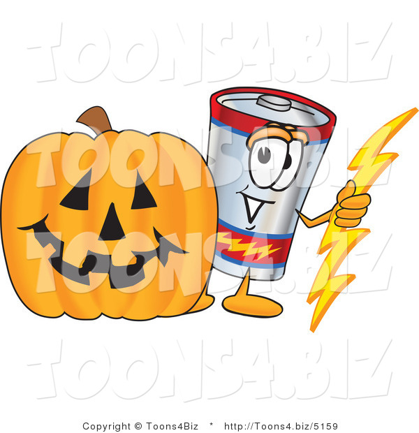 Vector Illustration of a Cartoon Battery Mascot with a Carved Halloween Pumpkin