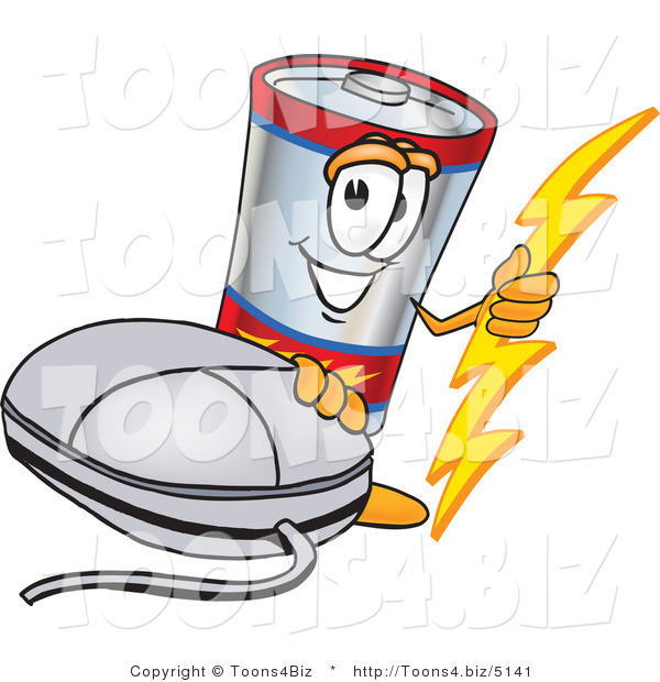 Vector Illustration of a Cartoon Battery Mascot with a Computer Mouse