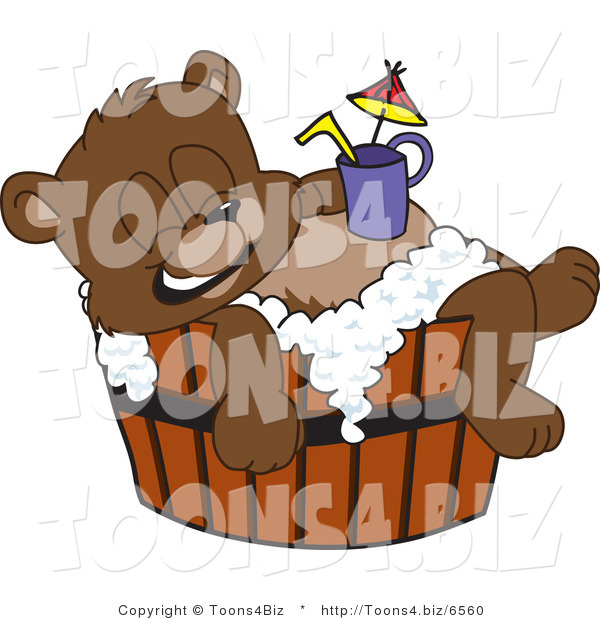 Vector Illustration of a Cartoon Bear Mascot Bathing in a Barrel with a Drink on His Belly