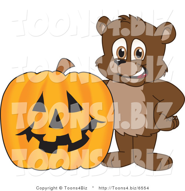 Vector Illustration of a Cartoon Bear Mascot by a Halloween Pumpkin