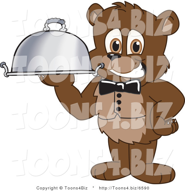 Vector Illustration of a Cartoon Bear Mascot Waiter Serving a Platter