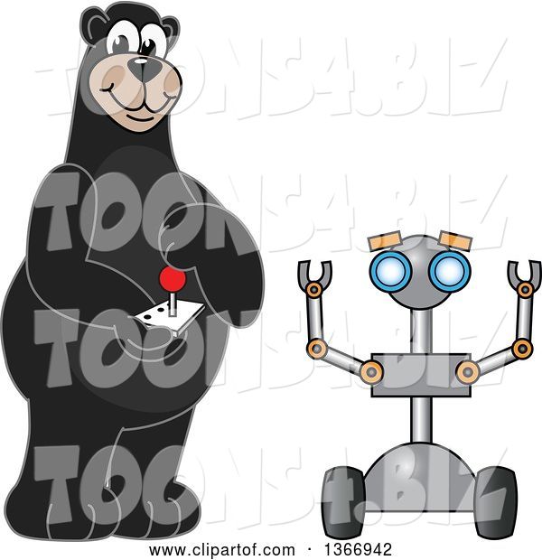 Vector Illustration of a Cartoon Black Bear School Mascot Controlling a Robot