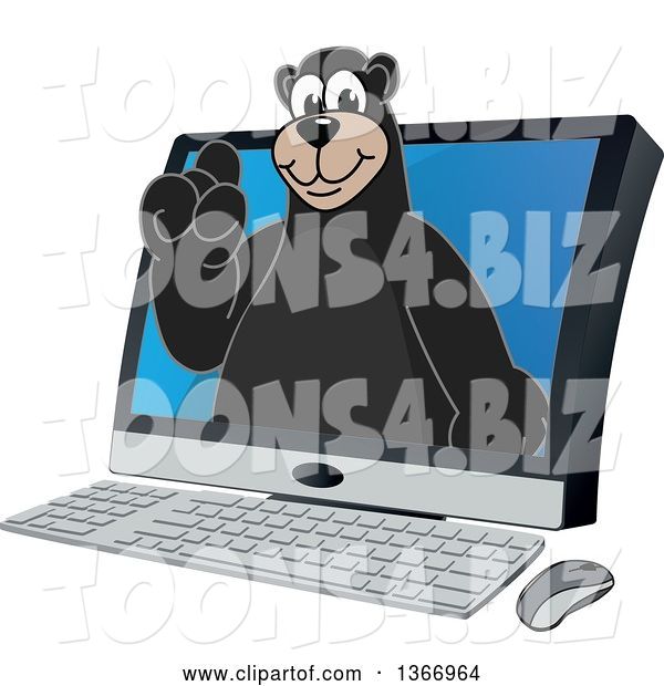 Vector Illustration of a Cartoon Black Bear School Mascot Emerging from a Desktop Computer Screen