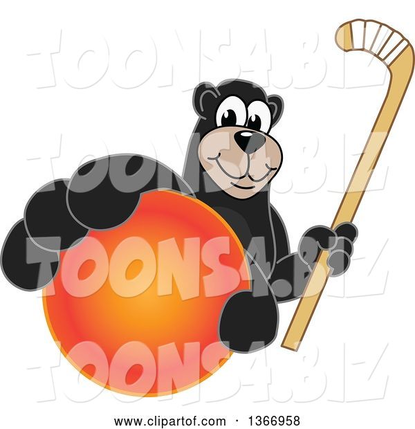 Vector Illustration of a Cartoon Black Bear School Mascot Grabbing a Ball and Holding a Hockey Stick