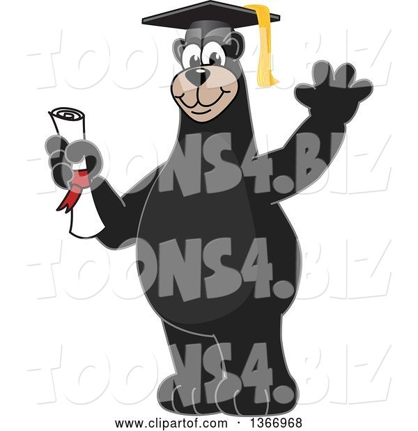 Vector Illustration of a Cartoon Black Bear School Mascot Graduate Holding a Diploma and Waving