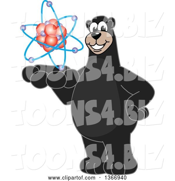 Vector Illustration of a Cartoon Black Bear School Mascot Holding an Atom