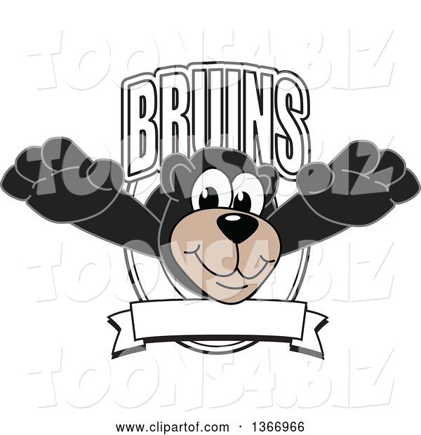 Vector Illustration of a Cartoon Black Bear School Mascot Leaping Outwards from a Bruins Shield