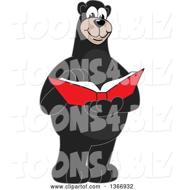 Vector Illustration of a Cartoon Black Bear School Mascot Reading a Book