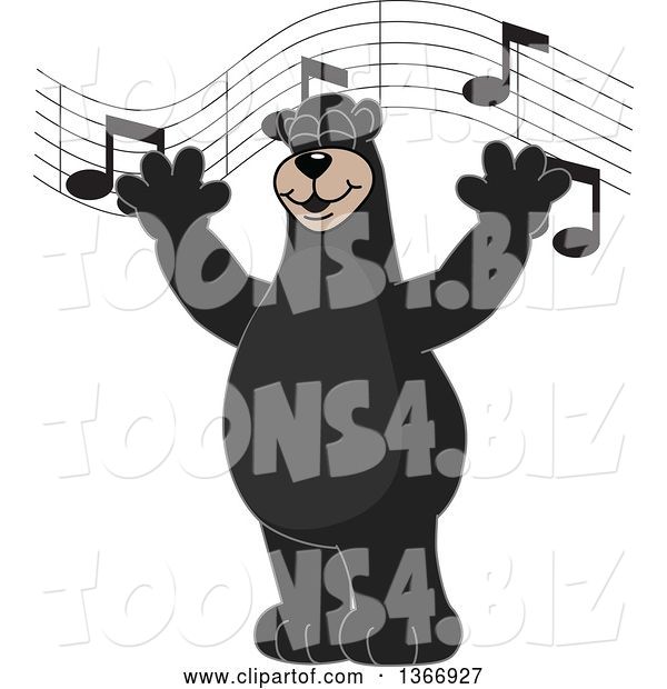 Vector Illustration of a Cartoon Black Bear School Mascot Singing Under Music Notes