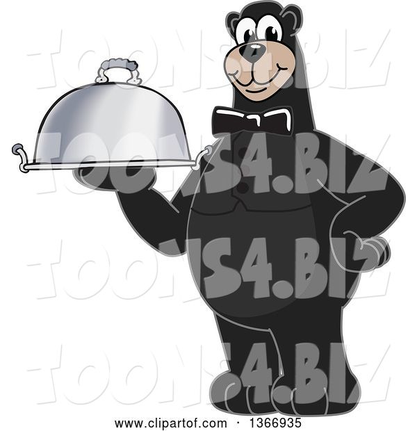 Vector Illustration of a Cartoon Black Bear School Mascot Waiter Holding a Cloche Platter