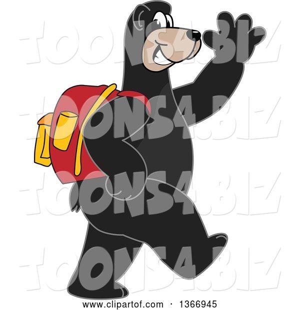 Vector Illustration of a Cartoon Black Bear School Mascot Wearing a Backpack, Walking and Waving