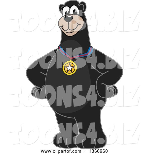 Vector Illustration of a Cartoon Black Bear School Mascot Wearing a Sports Medal