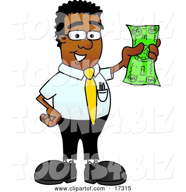 Vector Illustration of a Cartoon Black Business Man Mascot Holding a Dollar Bill