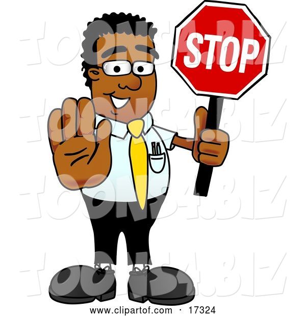 Vector Illustration of a Cartoon Black Business Man Mascot Holding a Stop Sign