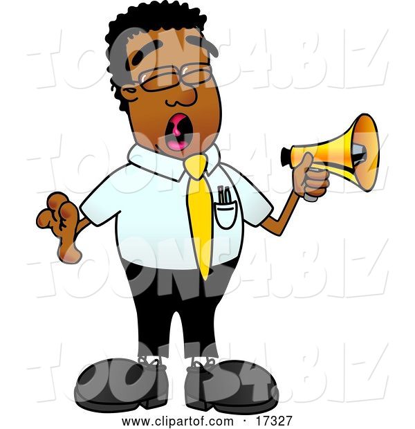 Vector Illustration of a Cartoon Black Business Man Mascot Screaming into a Megaphone