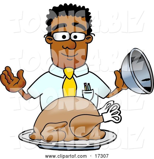 Vector Illustration of a Cartoon Black Business Man Mascot Serving a Thanksgiving Turkey on a Platter
