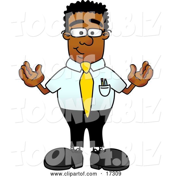 Vector Illustration of a Cartoon Black Business Man Mascot Standing with His Arms out
