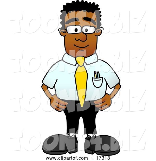 Vector Illustration of a Cartoon Black Business Man Mascot Standing with His Hands on His Hips While Supervising Employees