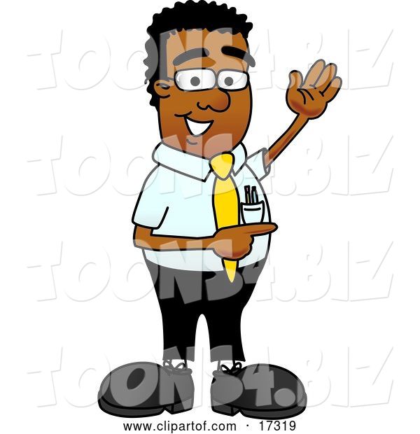 Vector Illustration of a Cartoon Black Business Man Mascot Waving and Pointing to the Right