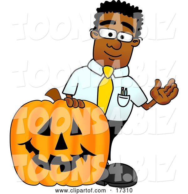 Vector Illustration of a Cartoon Black Business Man Mascot with a Carved Halloween Pumpkin