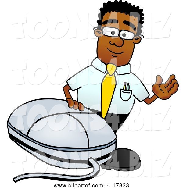 Vector Illustration of a Cartoon Black Business Man Mascot with a Computer Mouse