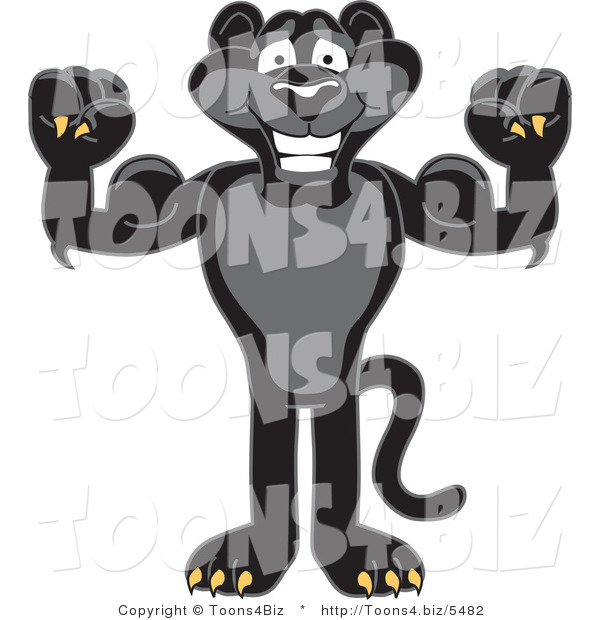 Vector Illustration of a Cartoon Black Jaguar Mascot Flexing His Muscles