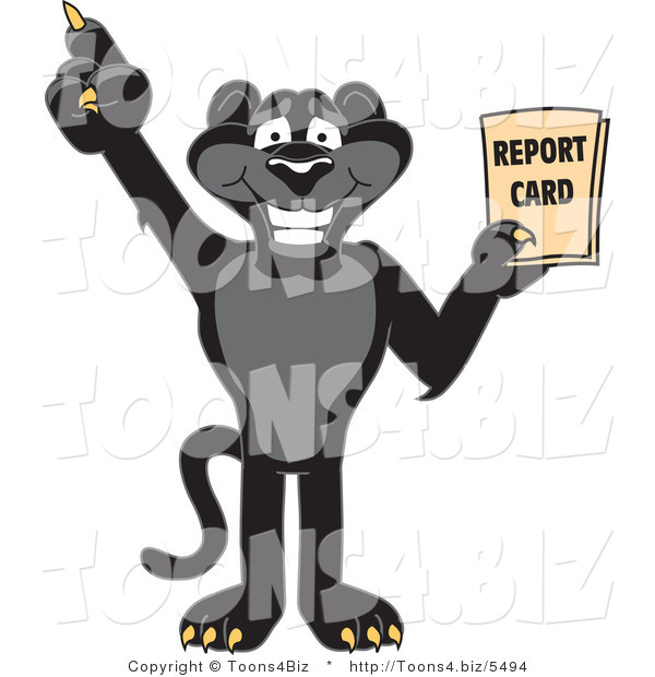 Vector Illustration of a Cartoon Black Jaguar Mascot Holding a Report Card