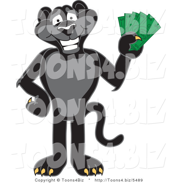 Vector Illustration of a Cartoon Black Jaguar Mascot Holding Cash