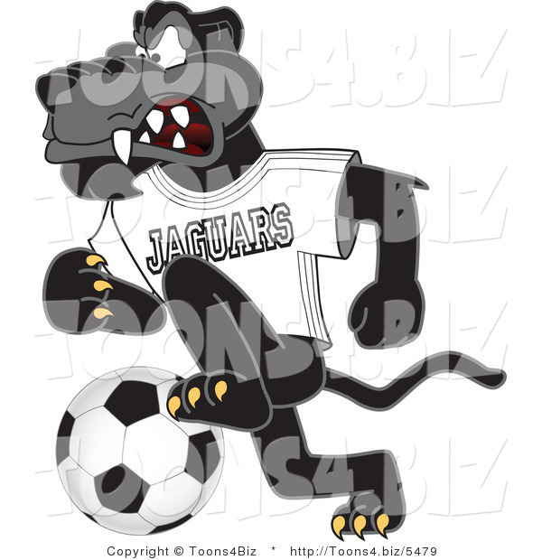 Vector Illustration of a Cartoon Black Jaguar Mascot Kicking a Soccer Ball