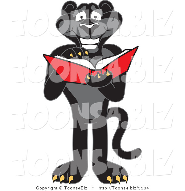 Vector Illustration of a Cartoon Black Jaguar Mascot Reading