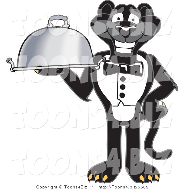 Vector Illustration of a Cartoon Black Jaguar Mascot Serving a Platter